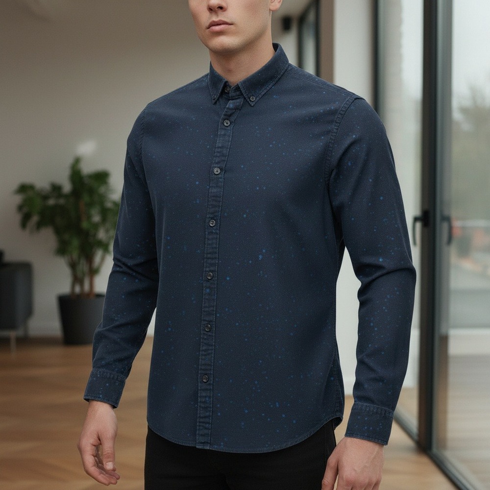 Scotch & Soda Mens Navy Blue Speckled Galaxy Print Button Down Shirt Regular Fit